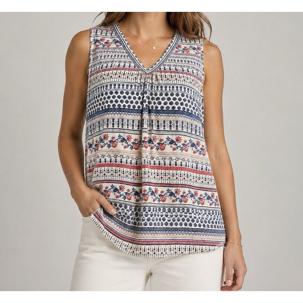 Woman Within Womens 18/20 Boho Floral Stripe Sleeveless V Neck Tunic Top